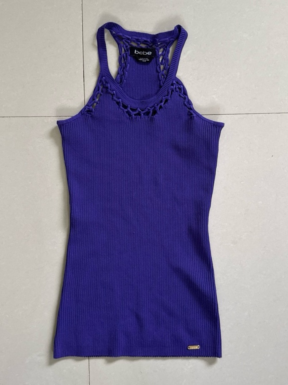 bebe Royal Purple Ribbed Racerback Tank with Braided Neckline